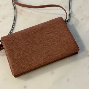 All Saints Brown Leather Crossbody Bag with Chain Strap.